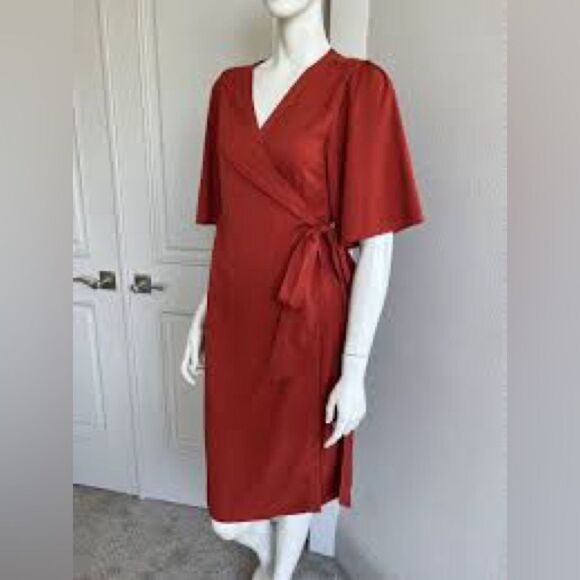 Banana Republic Rust Midi Wrap Dress with Flutter Sleeves - Picture 1 of 4